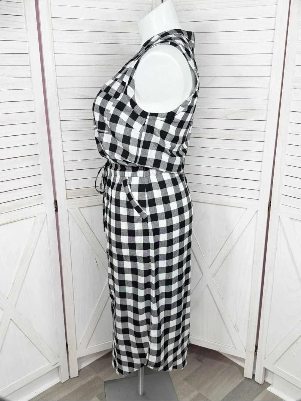 Banana‎ Republic Buffalo Check Sleeveless Cinch Waist Shirt Dress Black White 12